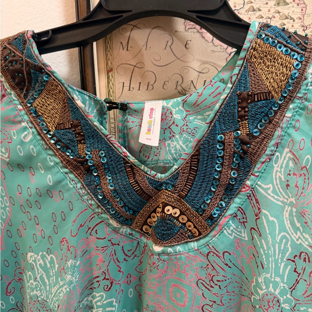 Embellished Turquoise V-Neck Tunic with Beaded Accents